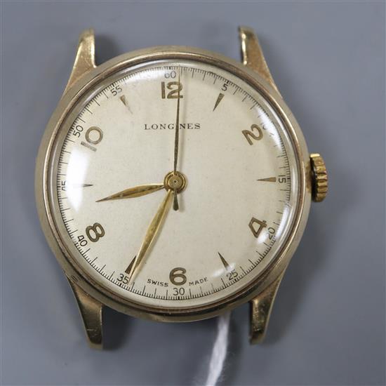 A gentlemans 9ct. gold Longines manual wind wrist watch, with baton & Arabic numerals (strapless).